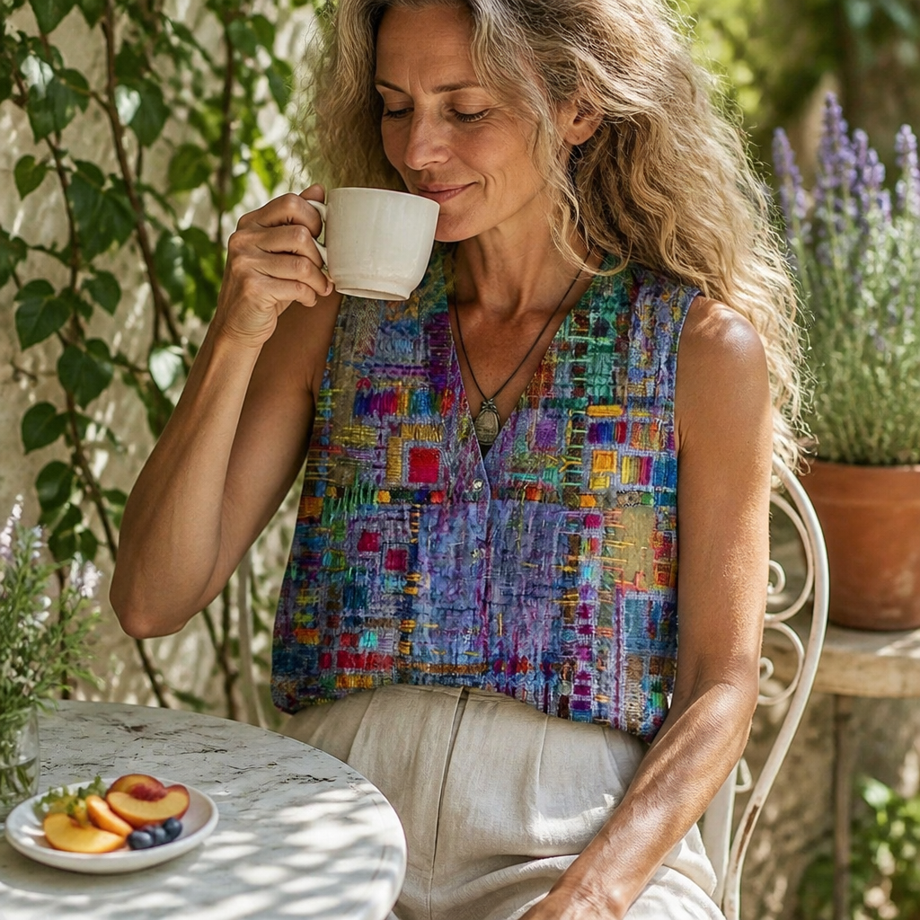 ViviaHue™ – Artistic Patchwork Buttoned Sleeveless V-Neck Blouse