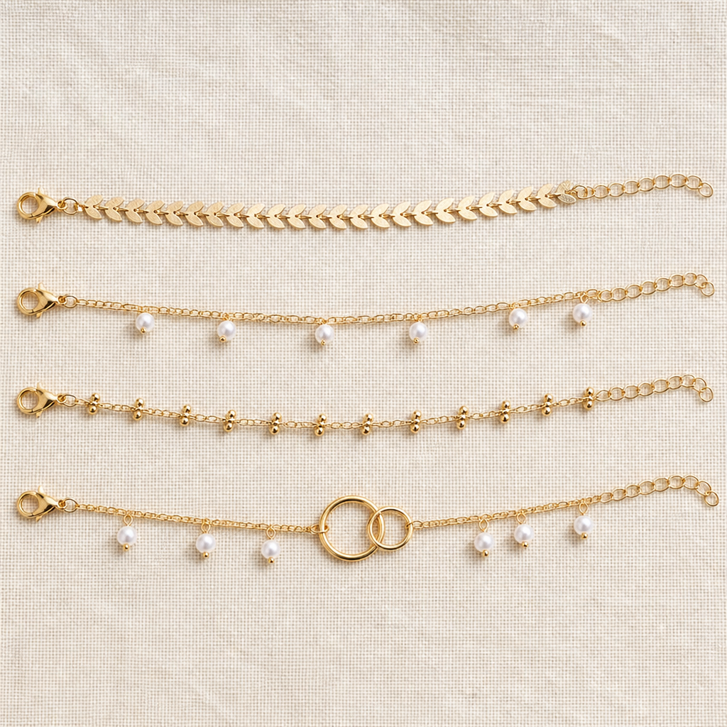 RadianceAura™ – Layered Gold-Plated Bracelet Set Featuring Pearl & Laurel Accents