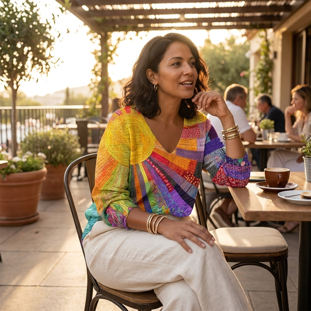 LuxeVera™ – Radiant Sunburst Patchwork V-Neck Blouse