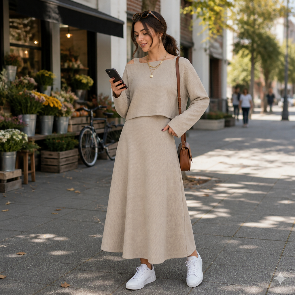 VeloraMist™ – Soft Knit Two-Piece Outfit with Layered Cropped Top