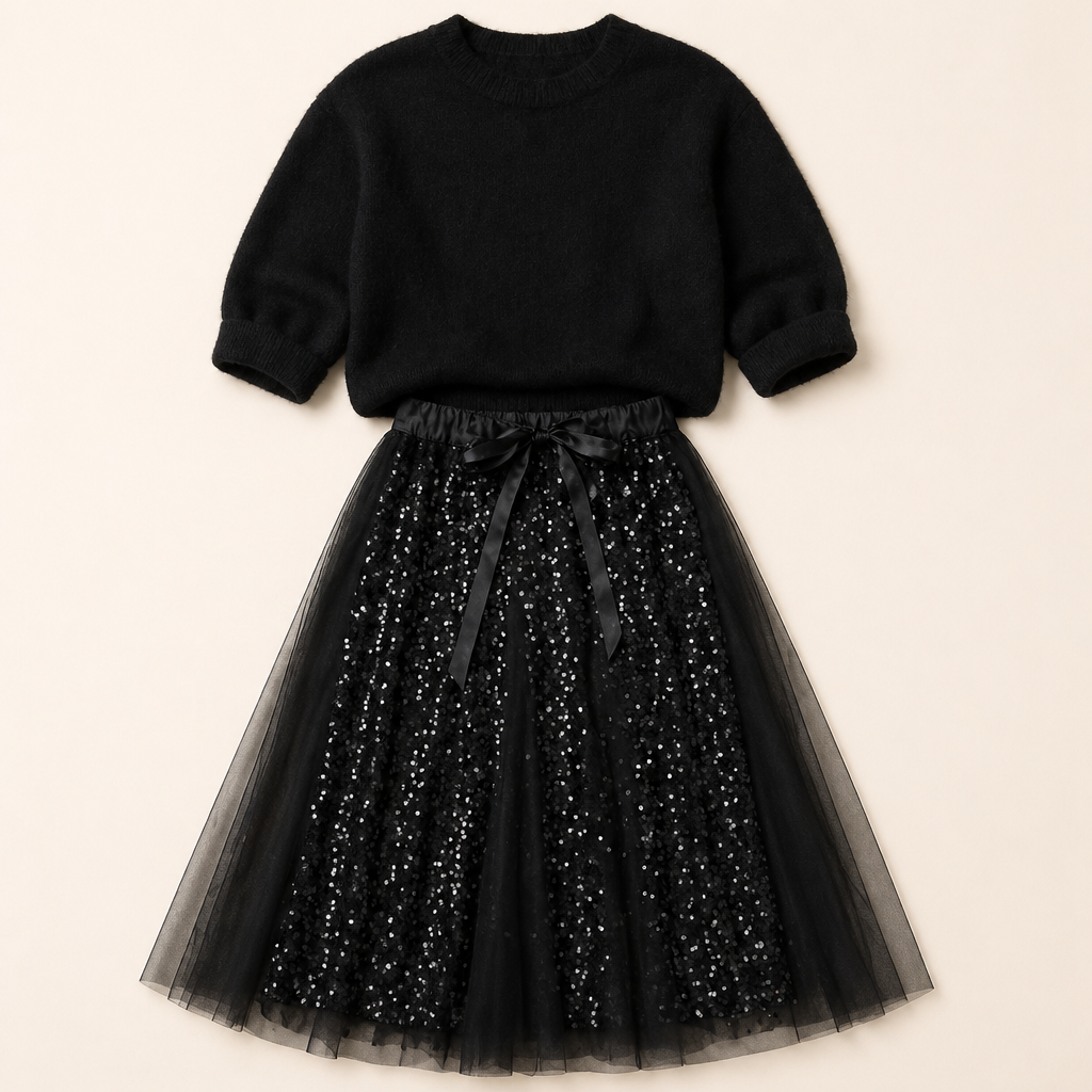 Soraya™ – Sparkling Sequin Tulle Midi Skirt & Snug Knit Sweater Set