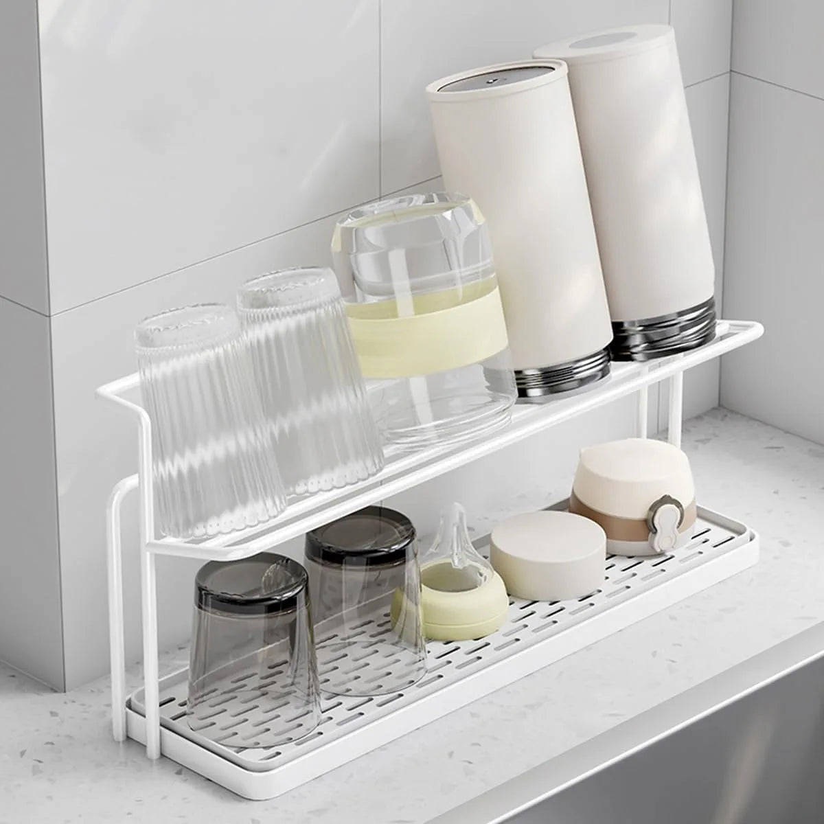 Dual-Tier Stainless Steel Dish Drying Rack with Drain Tray
