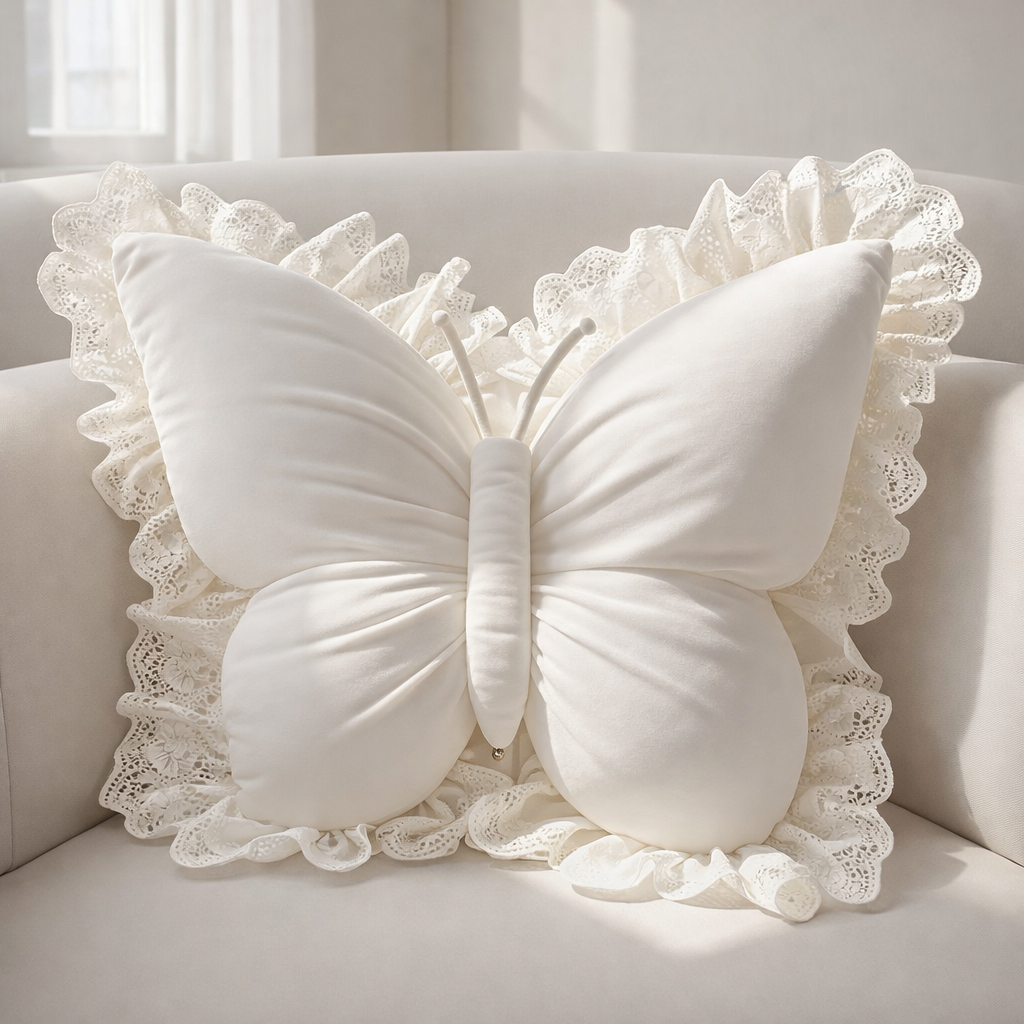 Butterfly-Inspired Plush Pillow with Elegant Lace Design