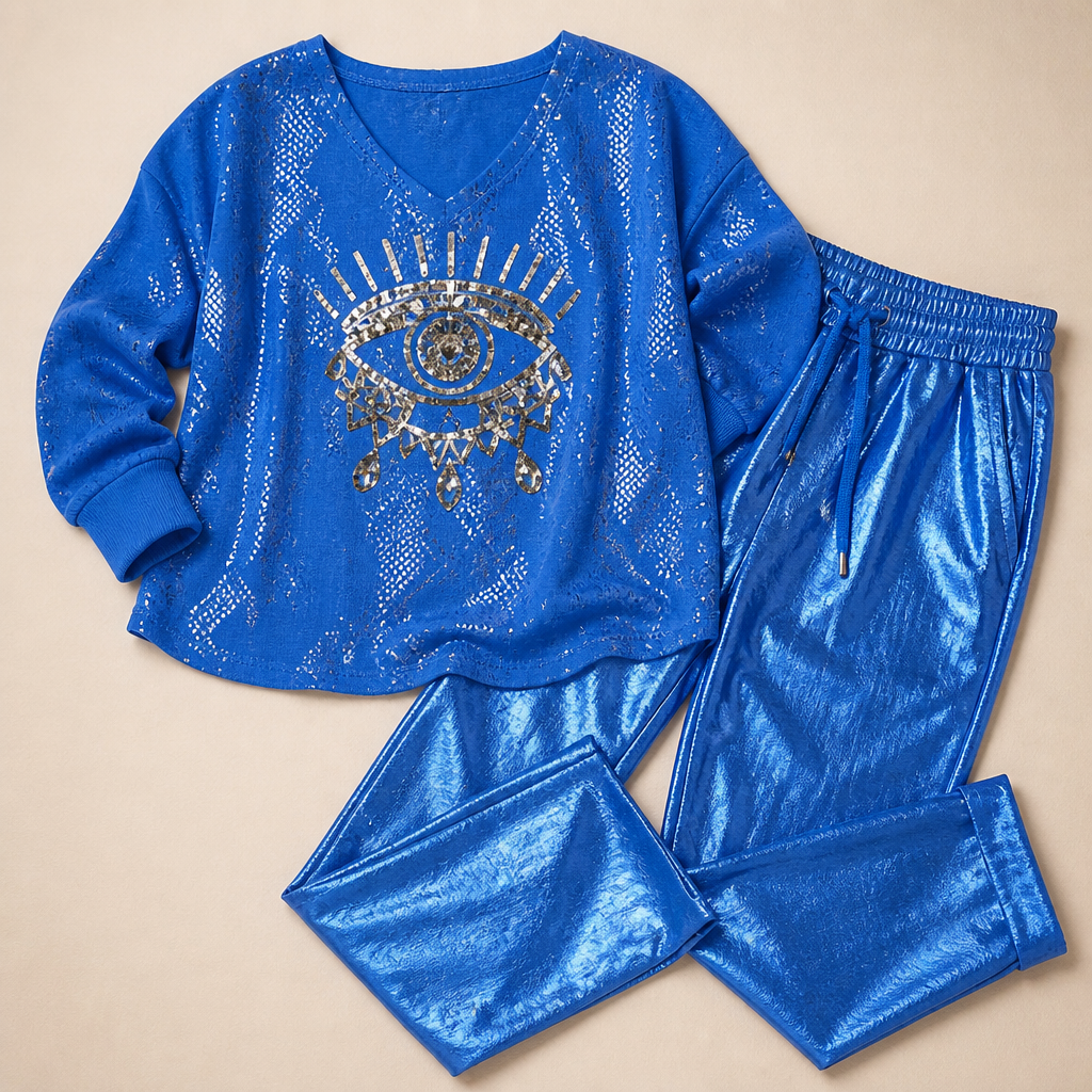 LumaDaze™ – Sequin Evil Eye Top with Metallic Shine Pants Set