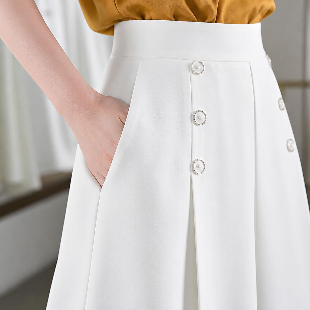 VeroLuxe™ – Wide-Leg Flowing Pleated Pants Featuring Side Button Accent
