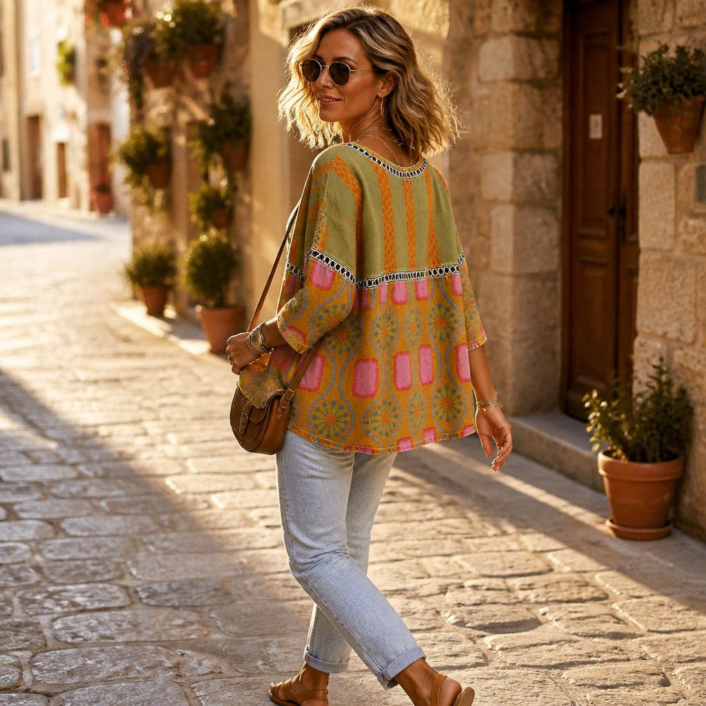 VivaLuxe™ – Boho-Inspired Mixed-Print Relaxed Fit Top with 3/4 Sleeves