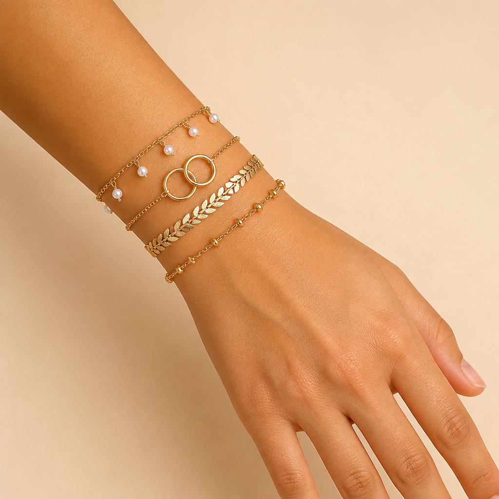 RadianceAura™ – Layered Gold-Plated Bracelet Set Featuring Pearl & Laurel Accents