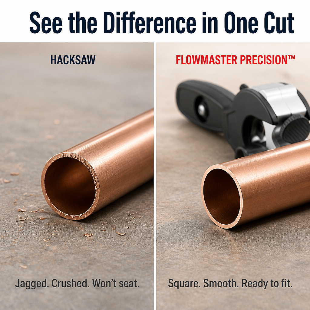 FlowMaster Precision™ — Ratchet PVC, Copper & PEX Fast Without Pipe Damage