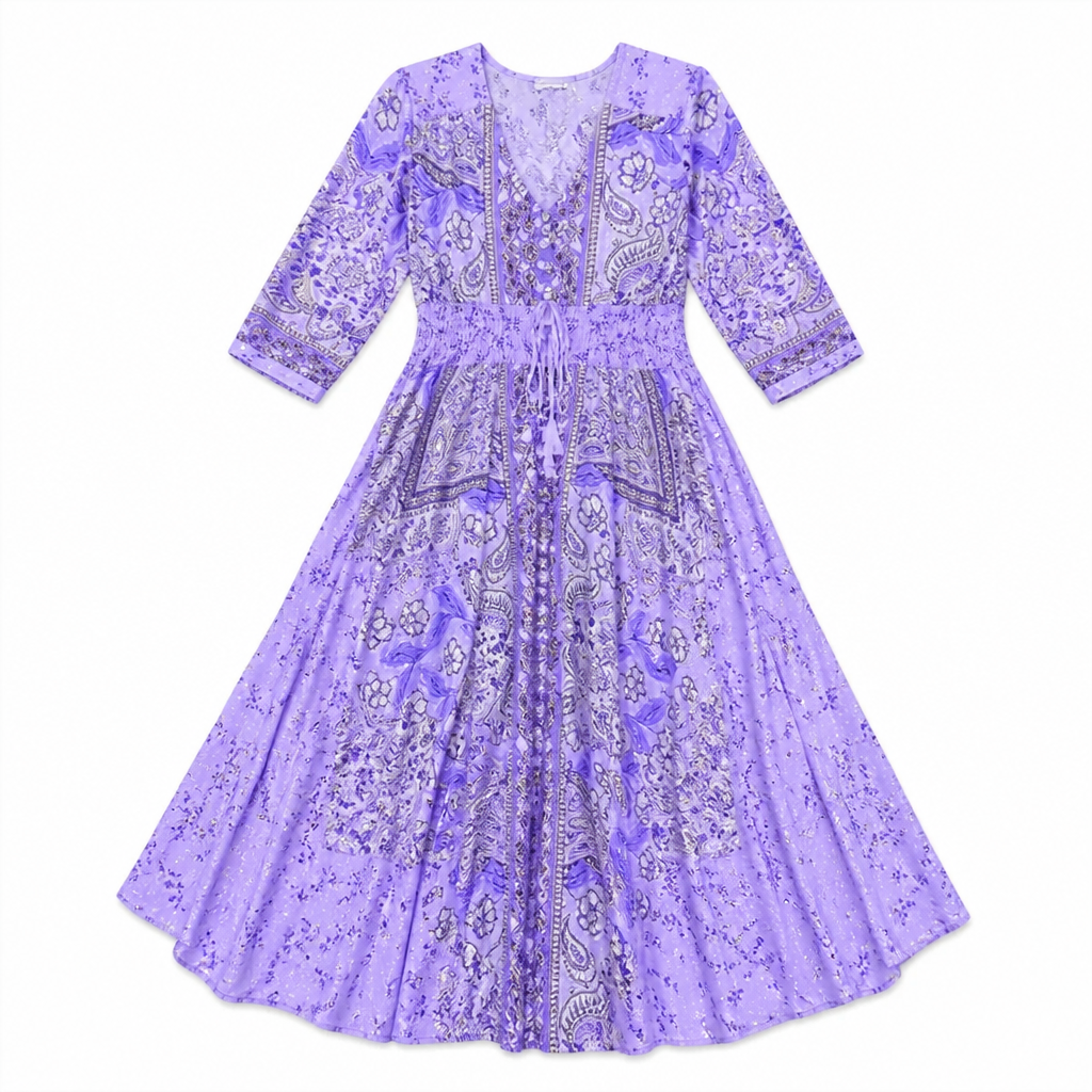 LumeraBelle™ – Breezy Boho Paisley Maxi Dress with Smocked Waist