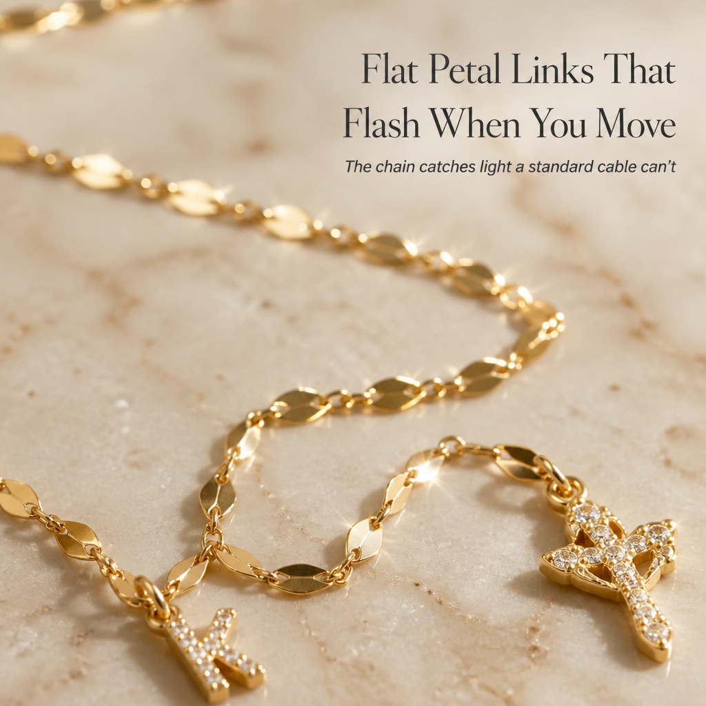 GlowAura™ — Stack Your Initial and Cross on a Radiant Gold Petal Chain