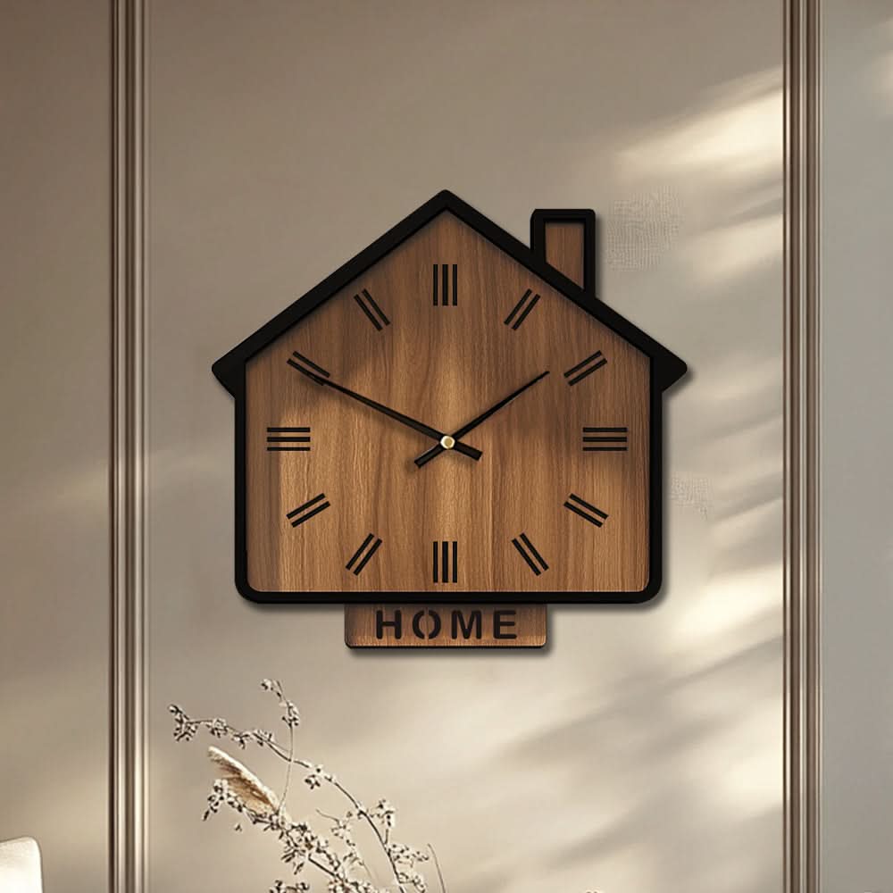 Rustic Wooden Wall Clock in House Shape