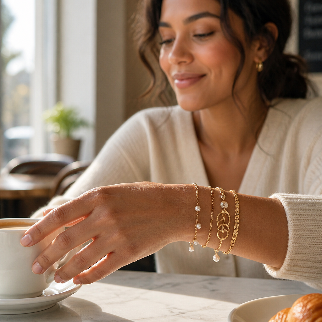 RadianceAura™ – Layered Gold-Plated Bracelet Set Featuring Pearl & Laurel Accents