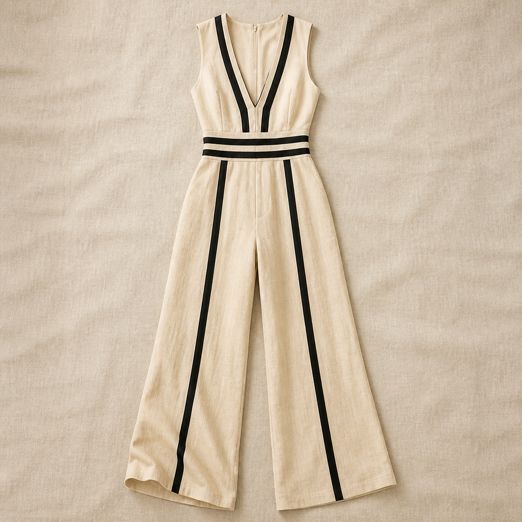 SilhouetteLuxe™ – Breathable Linen Wide-Leg Jumpsuit with Contrast Waistband