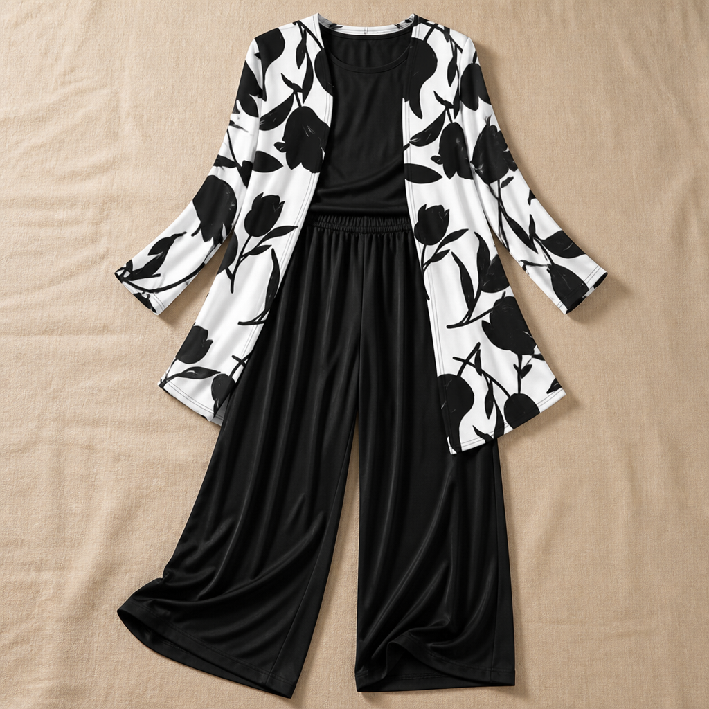 VelaLuxe™ – Elegant 3-Piece Set with Floral Cardigan & Wide-Leg Pants