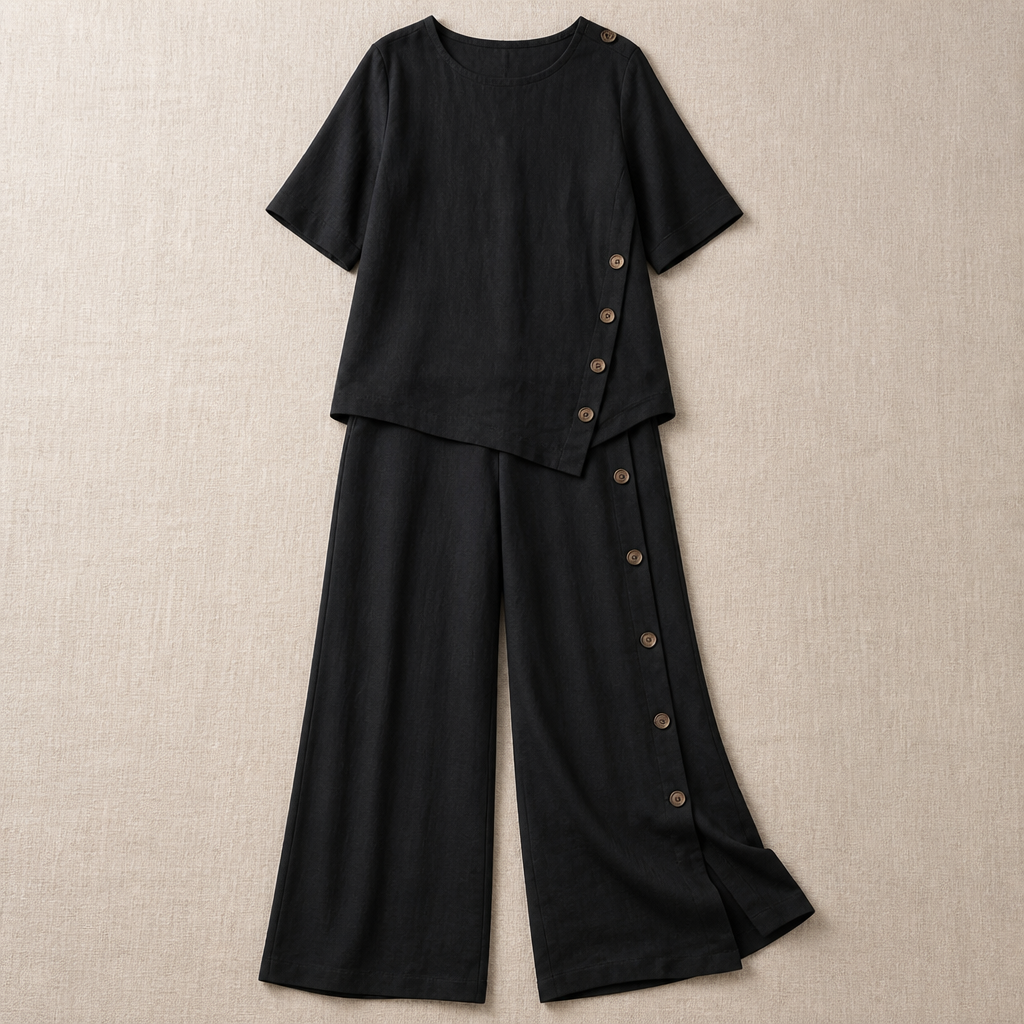 SilkaLuxe™ – Relaxed Linen-Feel Two-Piece Set with Asymmetric Button Hem