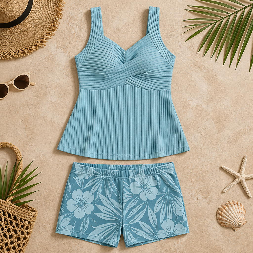 CurvaLuxe™ – Ribbed Twist-Front Tankini Set with Boxer Shorts