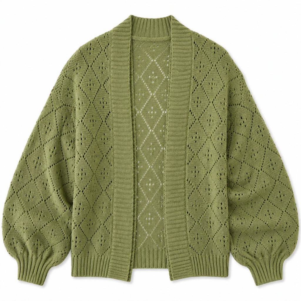 AerieLuxe™ – Hollow Knit Shawl Cardigan with Lantern Sleeves and Open Front