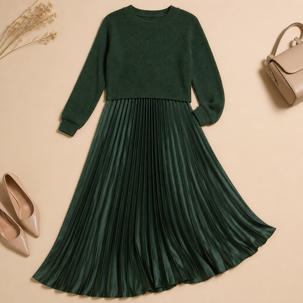 VelaLift™ – Chic Pleated Maxi Skirt Ensemble with Cropped Knit Top