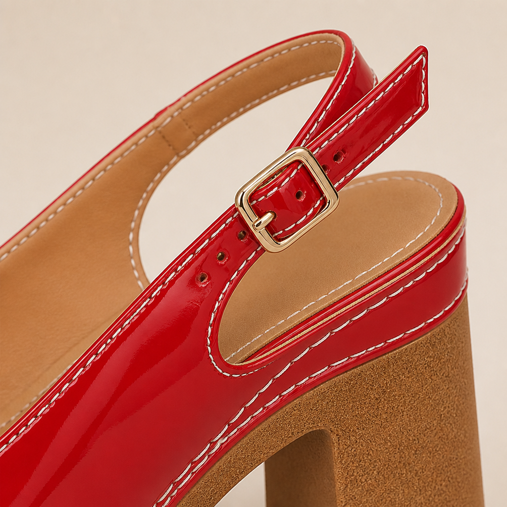 VivaStride™ – Patented Peep-Toe Block Heel Sandals Featuring Bold Gold Buckle