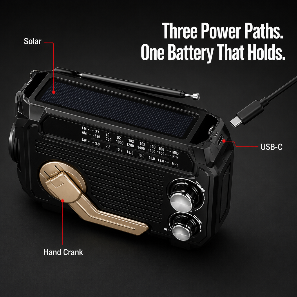 VoltGuard™ — Power Light, Radio, and SOS Via Crank, Sun, or USB
