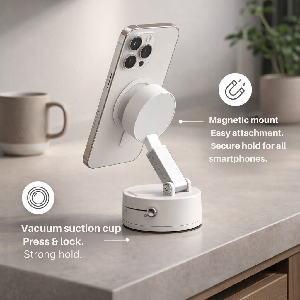 Car Phone Mount with Suction Base | Magnetic Grip | Flexible, Rotatable, and Foldable | Magnevo