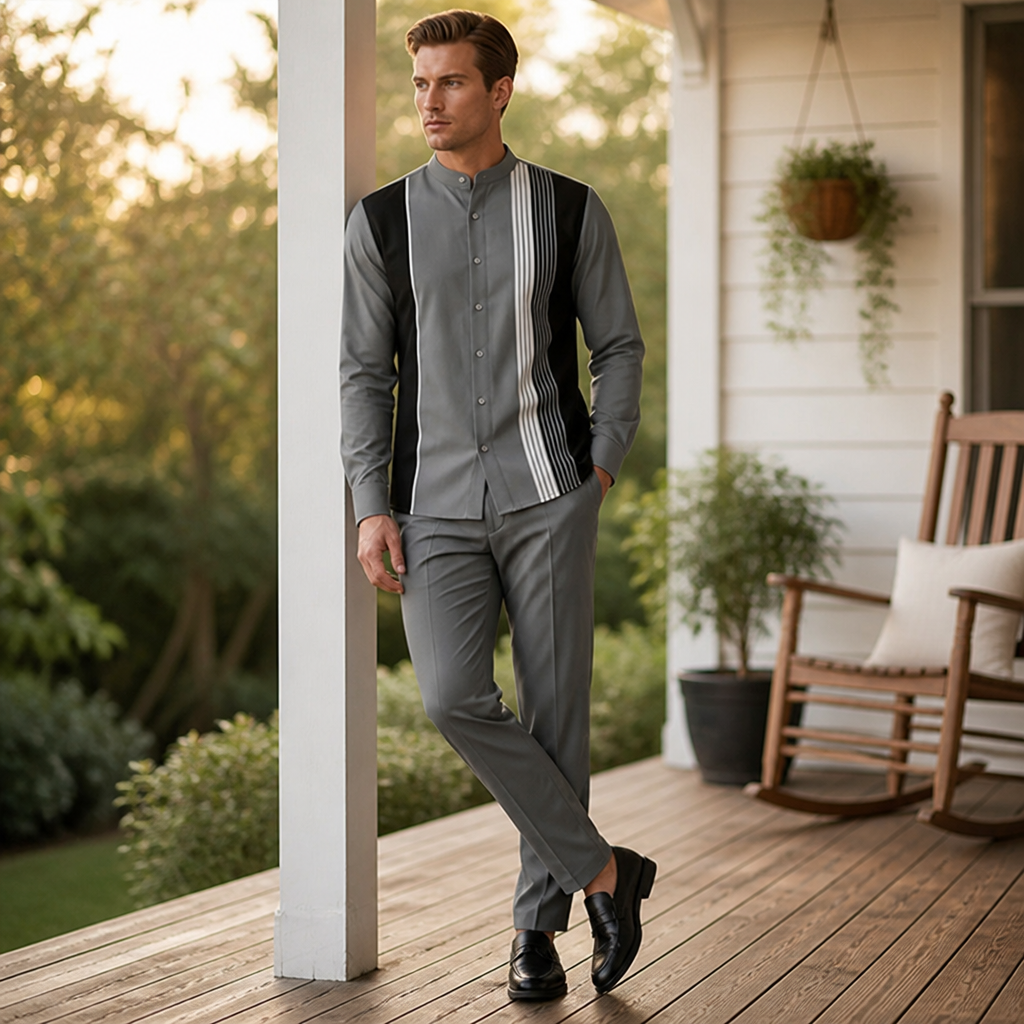 ValoroEdge™ – Color-Block Striped Mandarin-Collar Shirt & Pants Set
