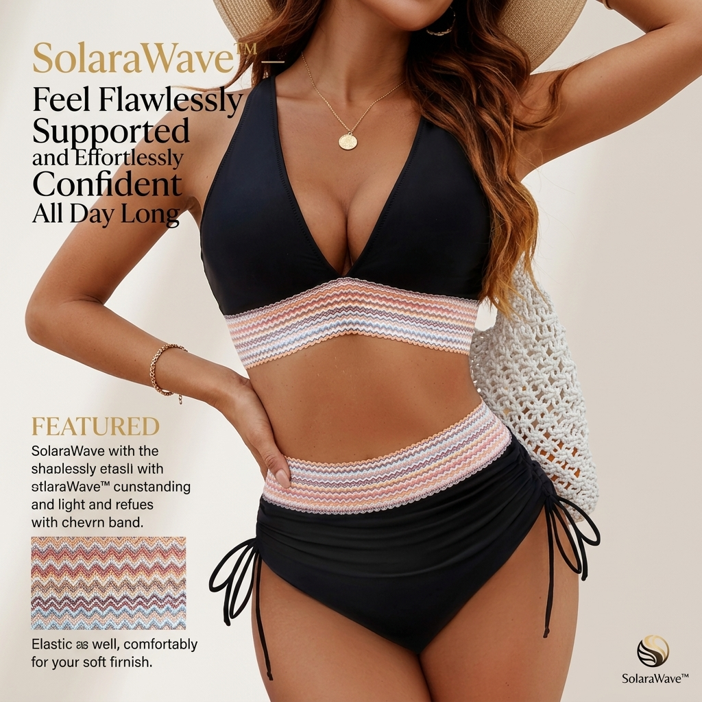 SolaraWave™ – High-Waist Tummy-Control Bikini with Chevron Smocked Band