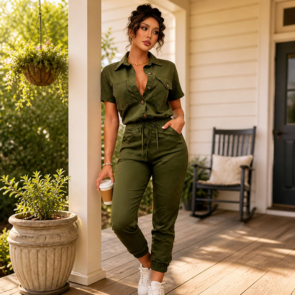 LumiVerve™ Short Sleeve Button-Front Jumpsuit — Shape Your Confidence with Every Move