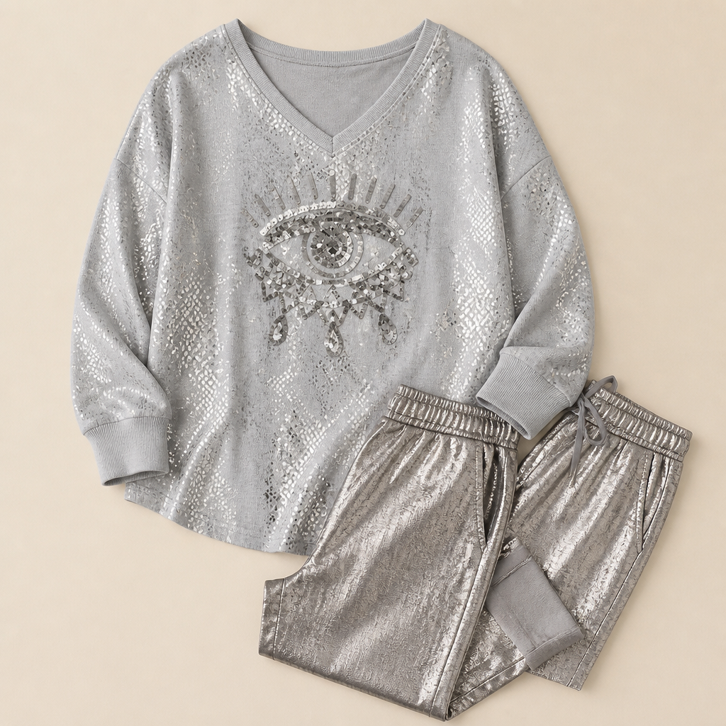 LumaDaze™ – Sequin Evil Eye Top with Metallic Shine Pants Set