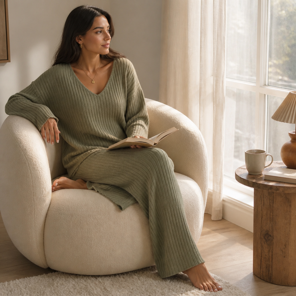 Serelis™ – Soft Ribbed V-Neck Lounge Set Featuring Wide-Leg Pants