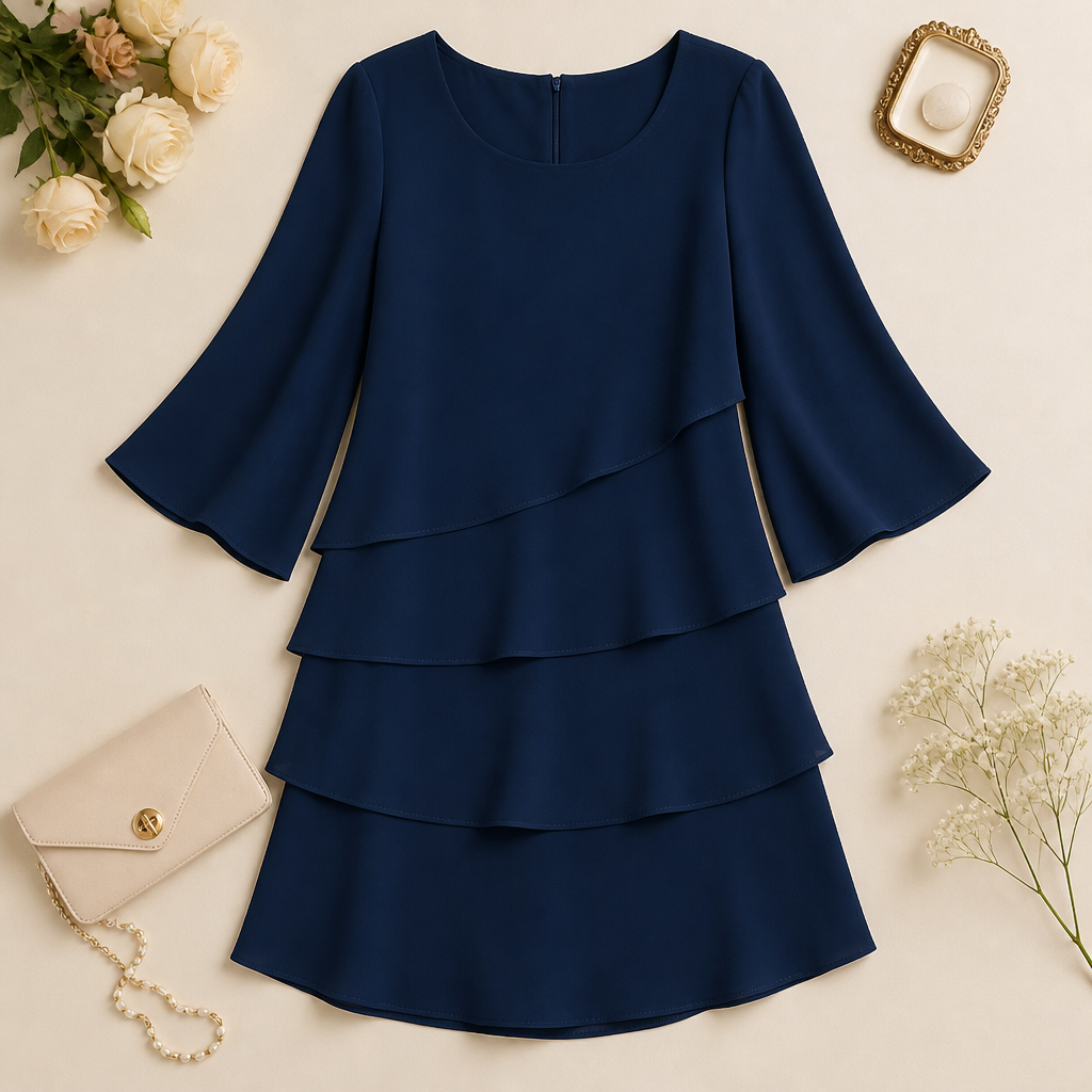 LumaBella™ – Sophisticated Layered Chiffon Dress with Flowing Bell Sleeves