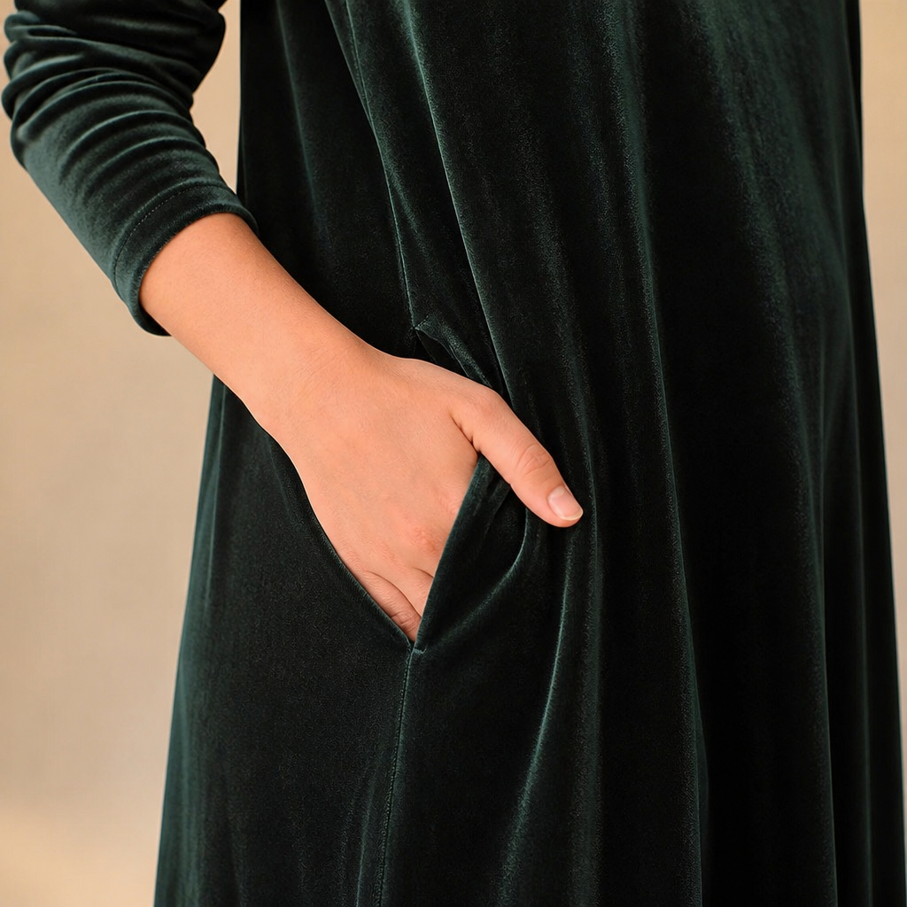 VioraForm™ – Velvet Cocoon Maxi Dress with Mock-Neck and Side Pockets