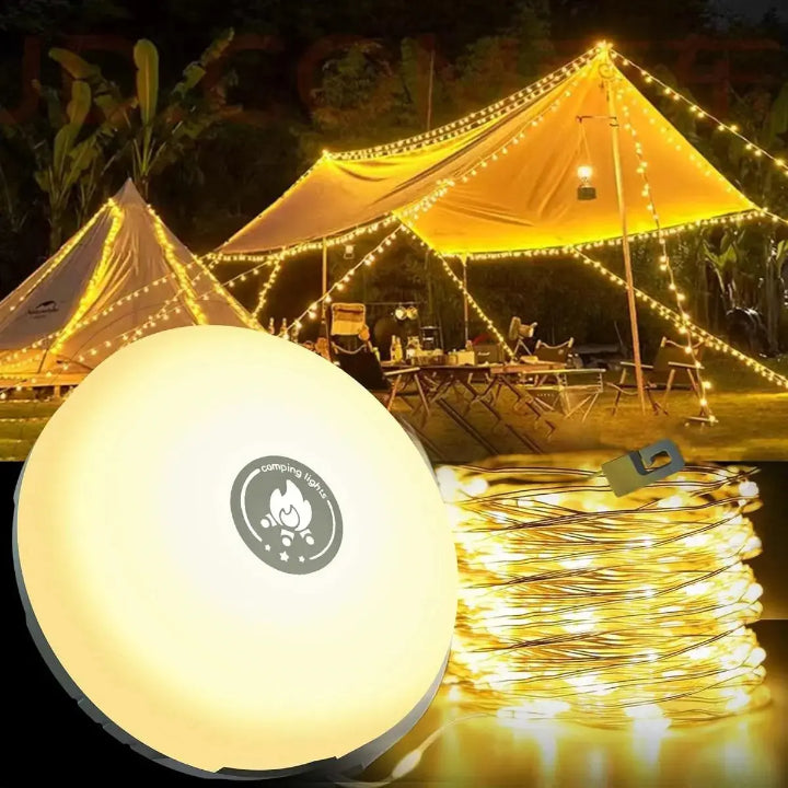Camping lantern with 10m RGB string lights – mood & security for every trip