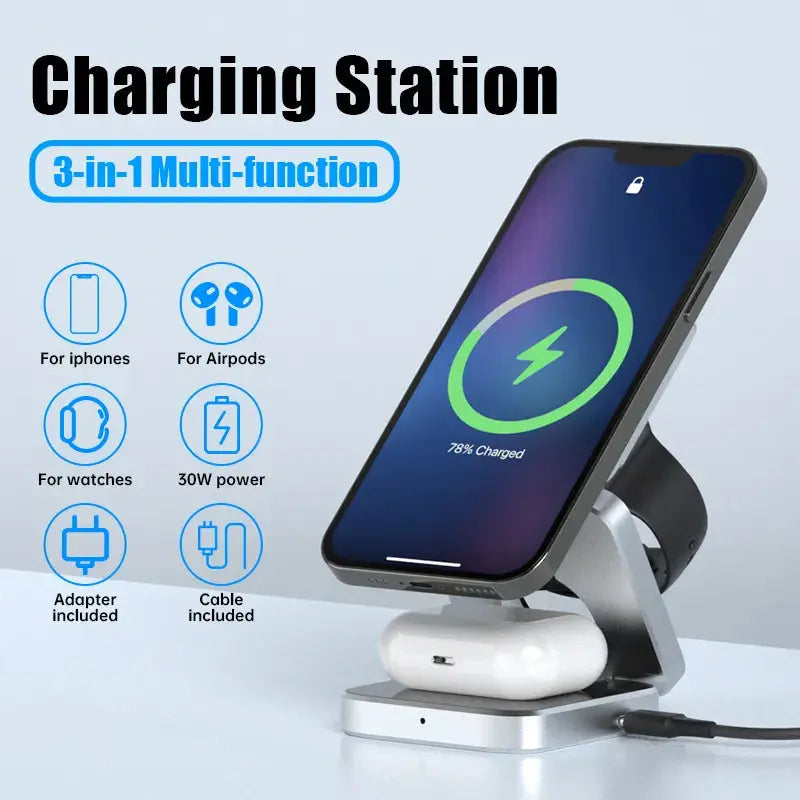 Foldable 3-in-1 Wireless Charger – 30W Desktop Charging Station