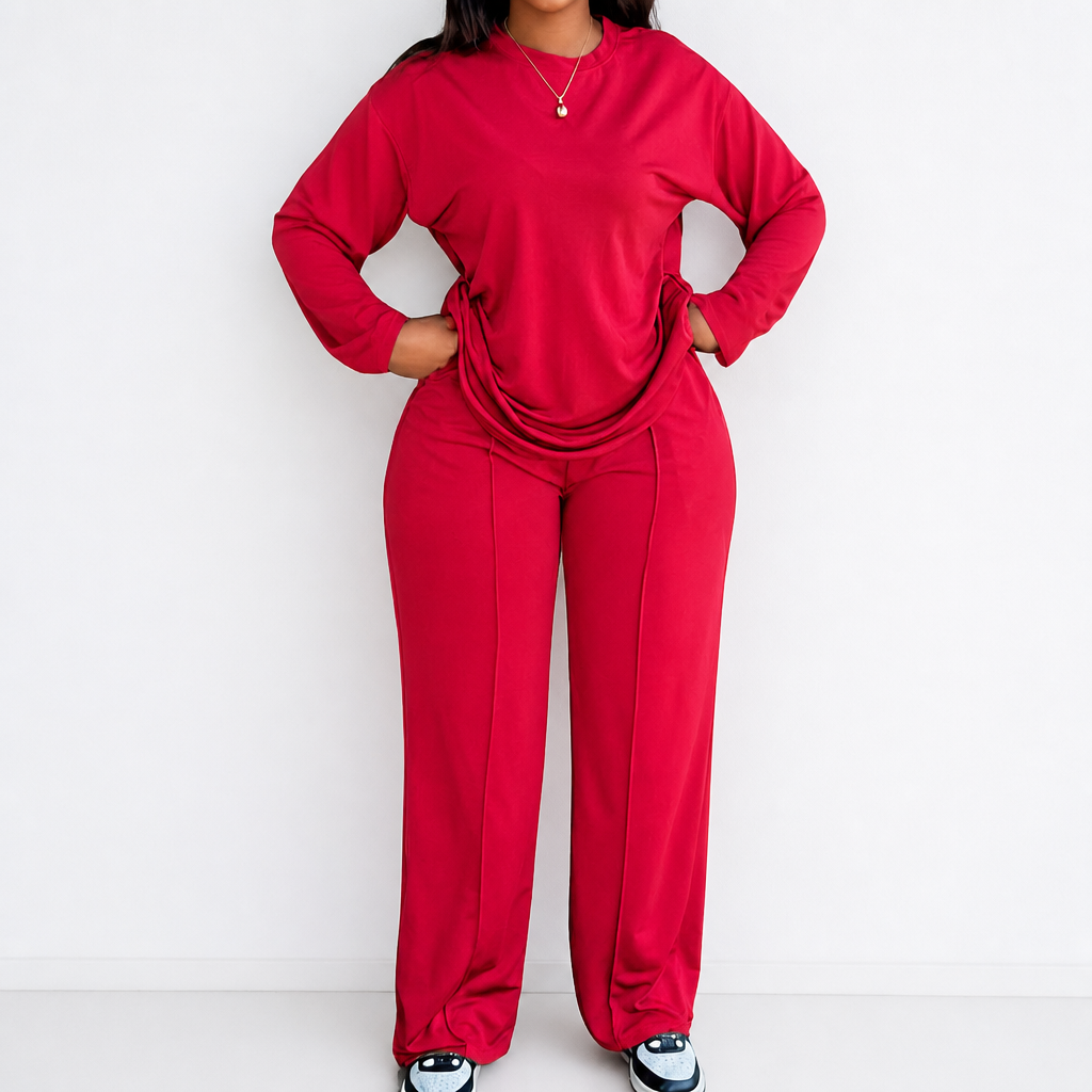 ElysianEase™ – Comforted Long Sleeve Shirt & Wide-Leg Trousers Set