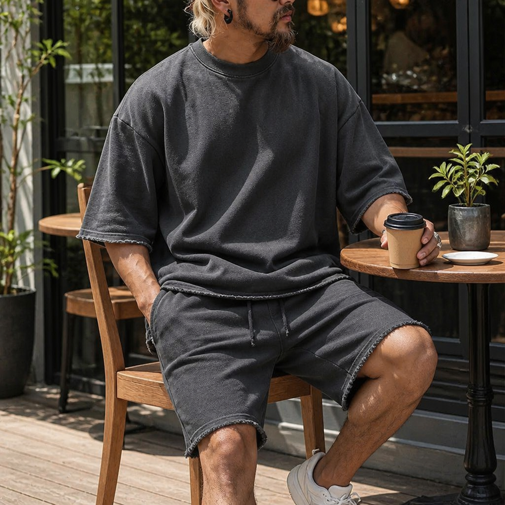 ArdentFlex™ – Oversized Relaxed Raw-Edge Tee and Shorts Set