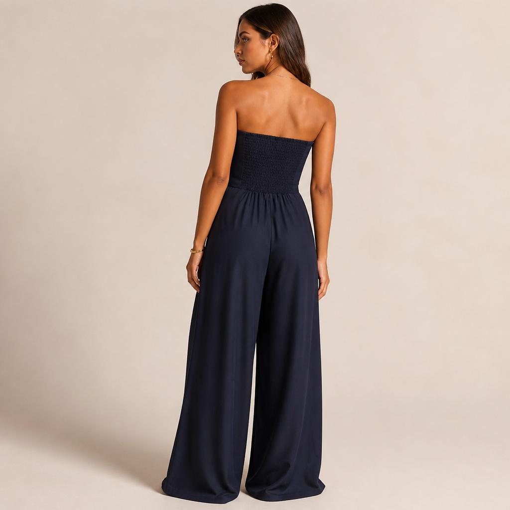 Solenne™ – Chic Strapless Wide-Leg Jumpsuit with Smocked Back