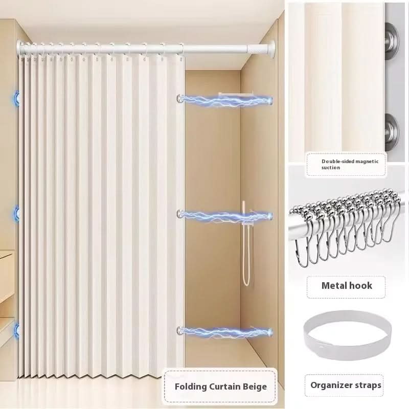 Foldable Shower Curtain with Push Rod for Walk-In Showers