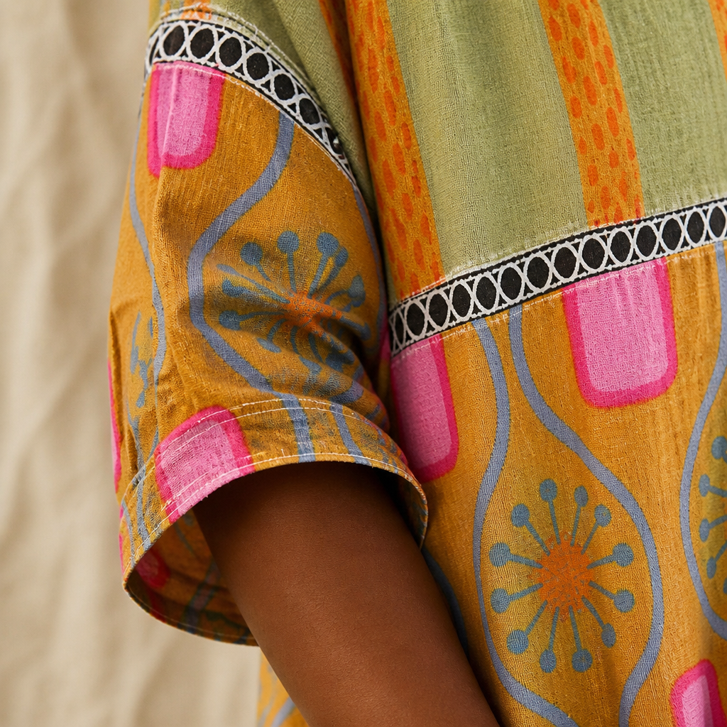 VivaLuxe™ – Boho-Inspired Mixed-Print Relaxed Fit Top with 3/4 Sleeves