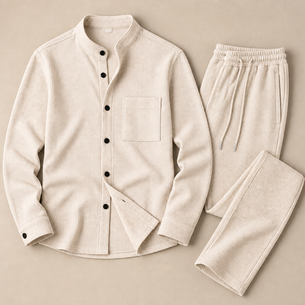 RavenaLux™ – Custom Waffle Knit Mandarin Collar Shirt and Pants Ensemble