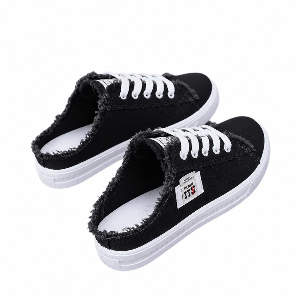StridePulse™ – Casual Denim Mule Sneakers with Frayed Edges