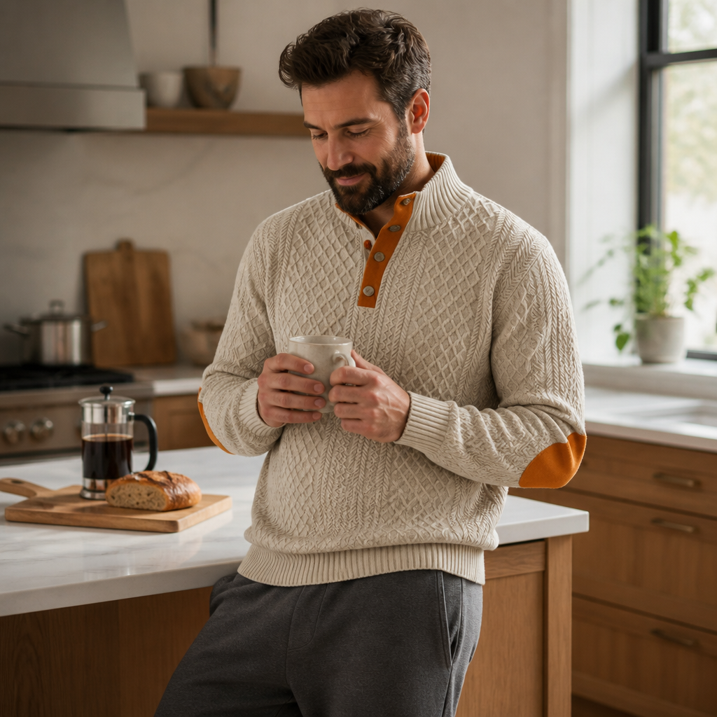 AtlasForge™ – Jacquard Textured Stand-Collar Sweater with Elbow Patches