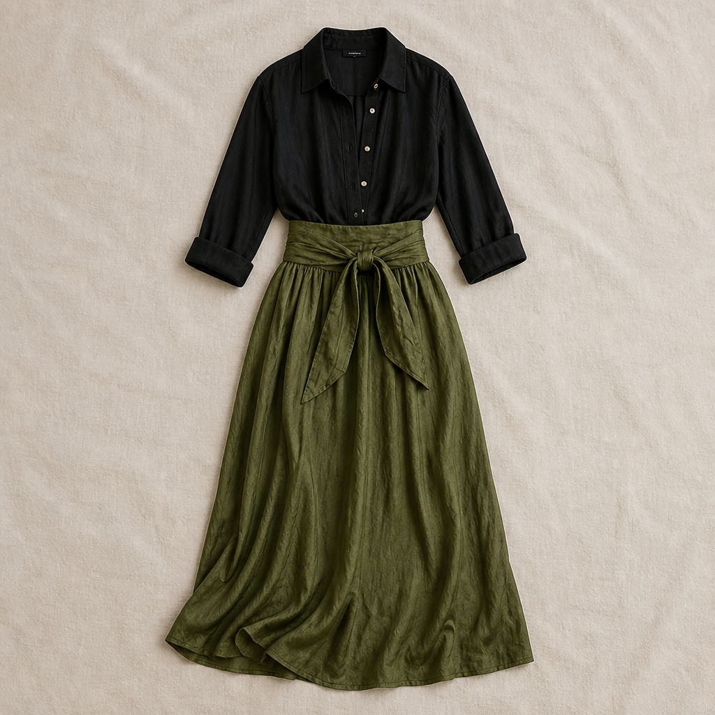 Veloura™ – Relaxed Linen Shirt & Tie-Waist Olive Midi Skirt Set