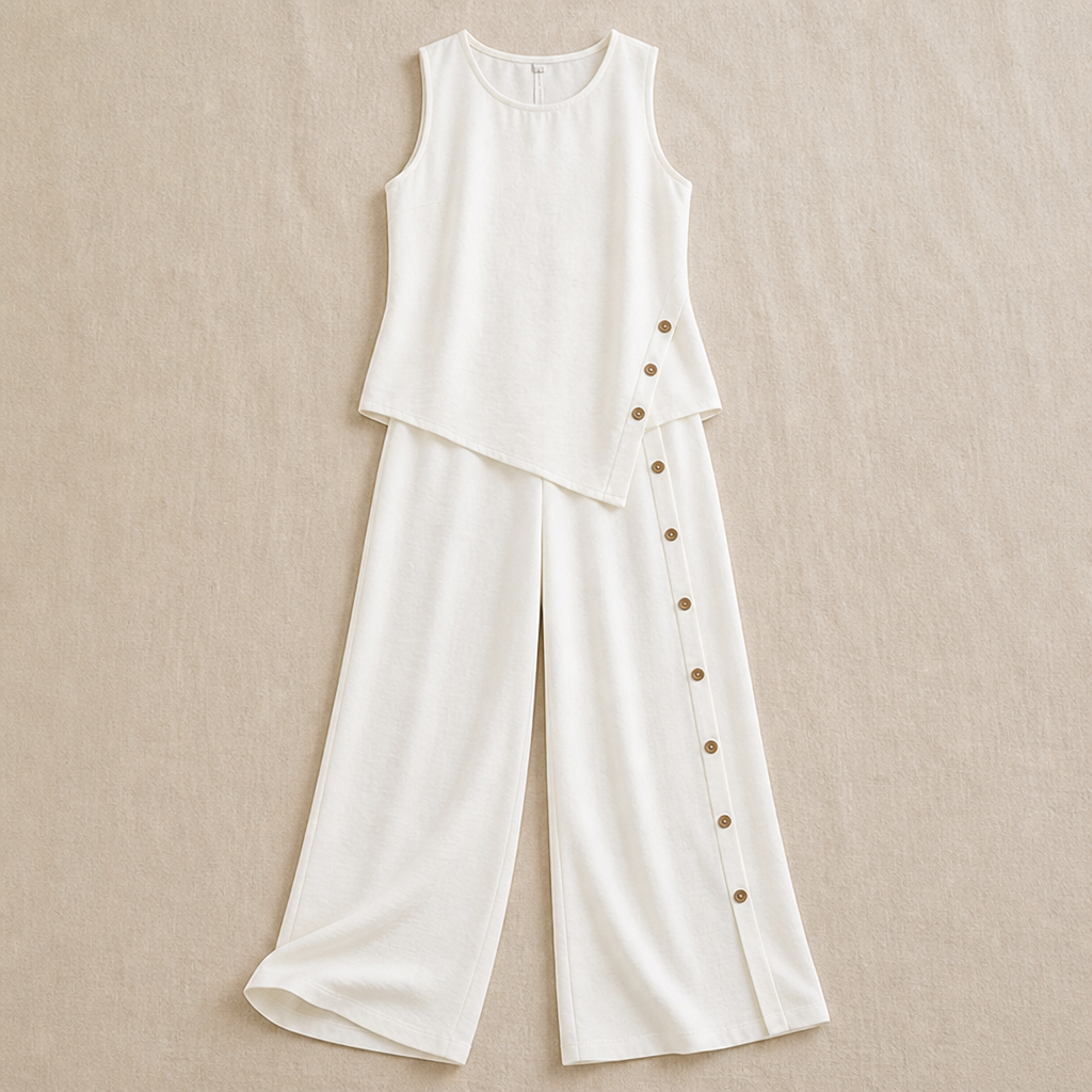 VivaLuxe™ – Breezy Wide-Leg Two-Piece Set with Asymmetric Button Detail