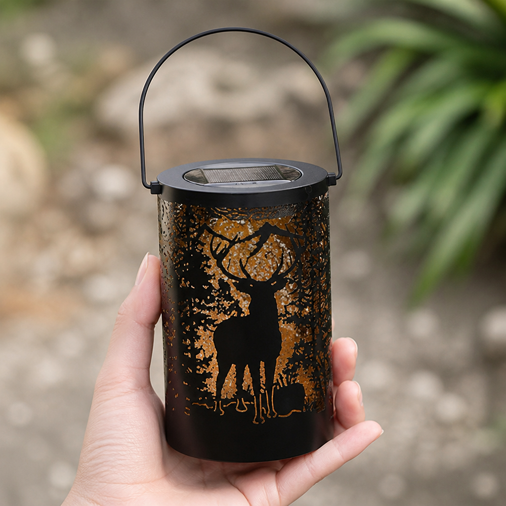 Solar Rechargeable Iron Lantern (Deer Cutout Projection)