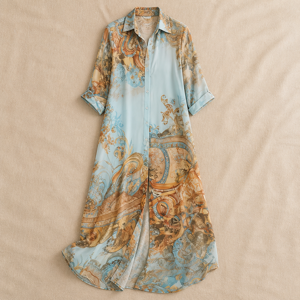 MarabellaMist™ – Flowy Mediterranean-Print Maxi Shirt Dress