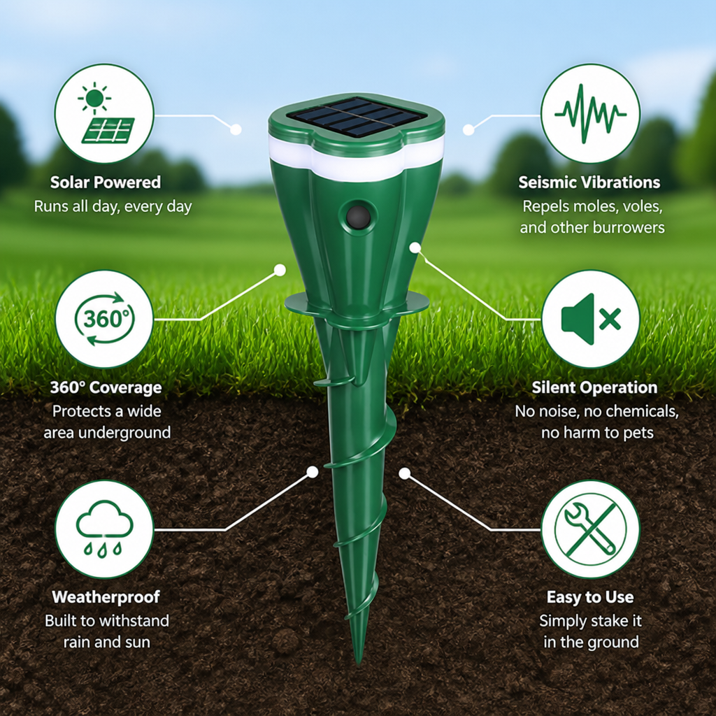 TerraGuard™ — Quiet Solar Power That Banishes Moles and Revives Your Garden’s Glory