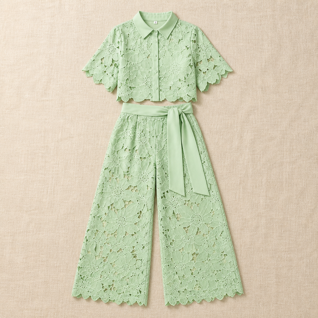 ArlenaBreeze™ – Elegant Floral Crochet Lace Set with Tie-Waist Wide-Leg Pants