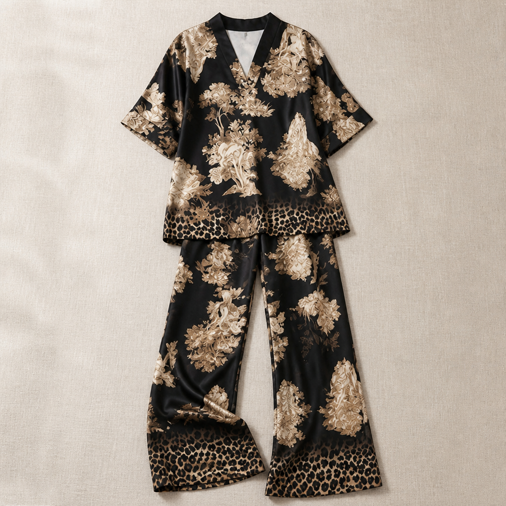 SereniSilk™ – Flowy Satin Floral V-Neck Top & Wide-Leg Pant Set