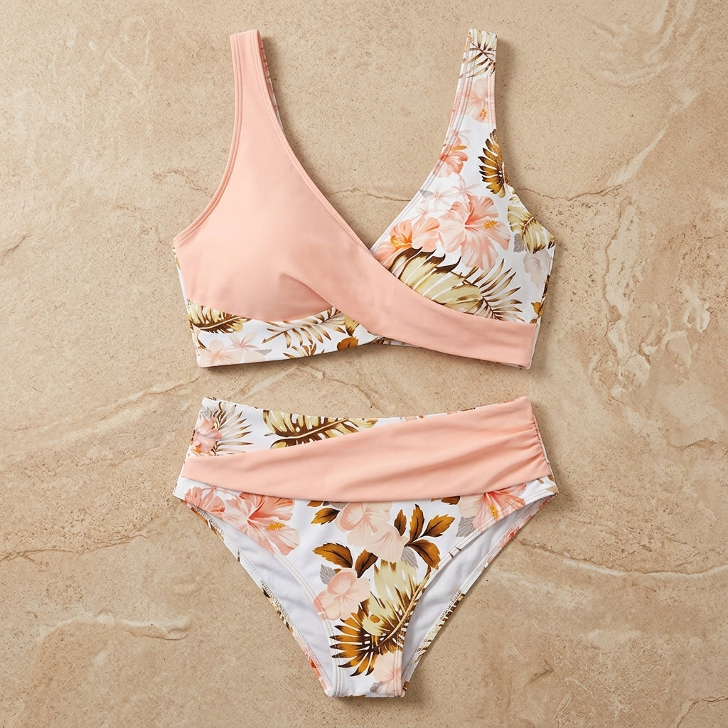 MaraisBelle™ – Tropical Floral Wrap-Front Bikini Set with High-Waisted Ruched Bottom